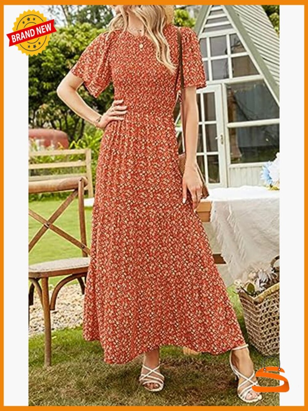 Flutter Short Sleeve Smocked Tiered Maxi Dress Boho Floral Casual Summer - Picture 6 of 7